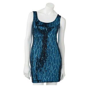 Lily Rose Sequined Leaf Print Tank Dress, Small. Blue, Green and Black. Taylor S